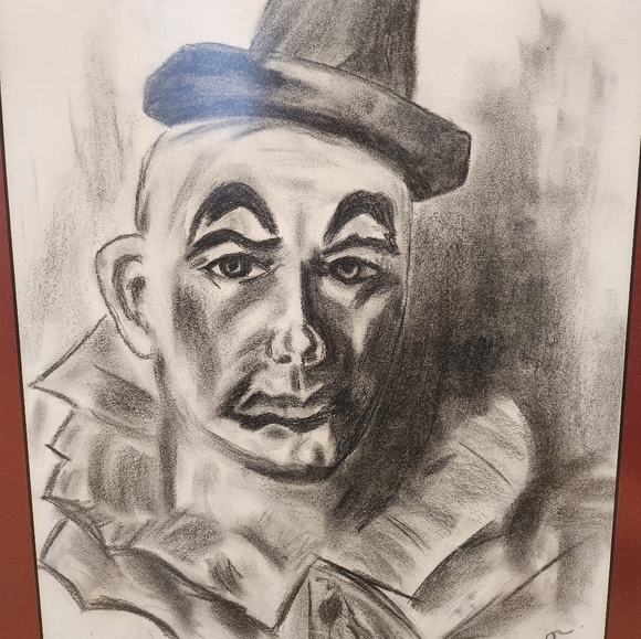 Mid Century Original signed clown charcoal portrait, framed 25 x 20 - Picture 3 of 5